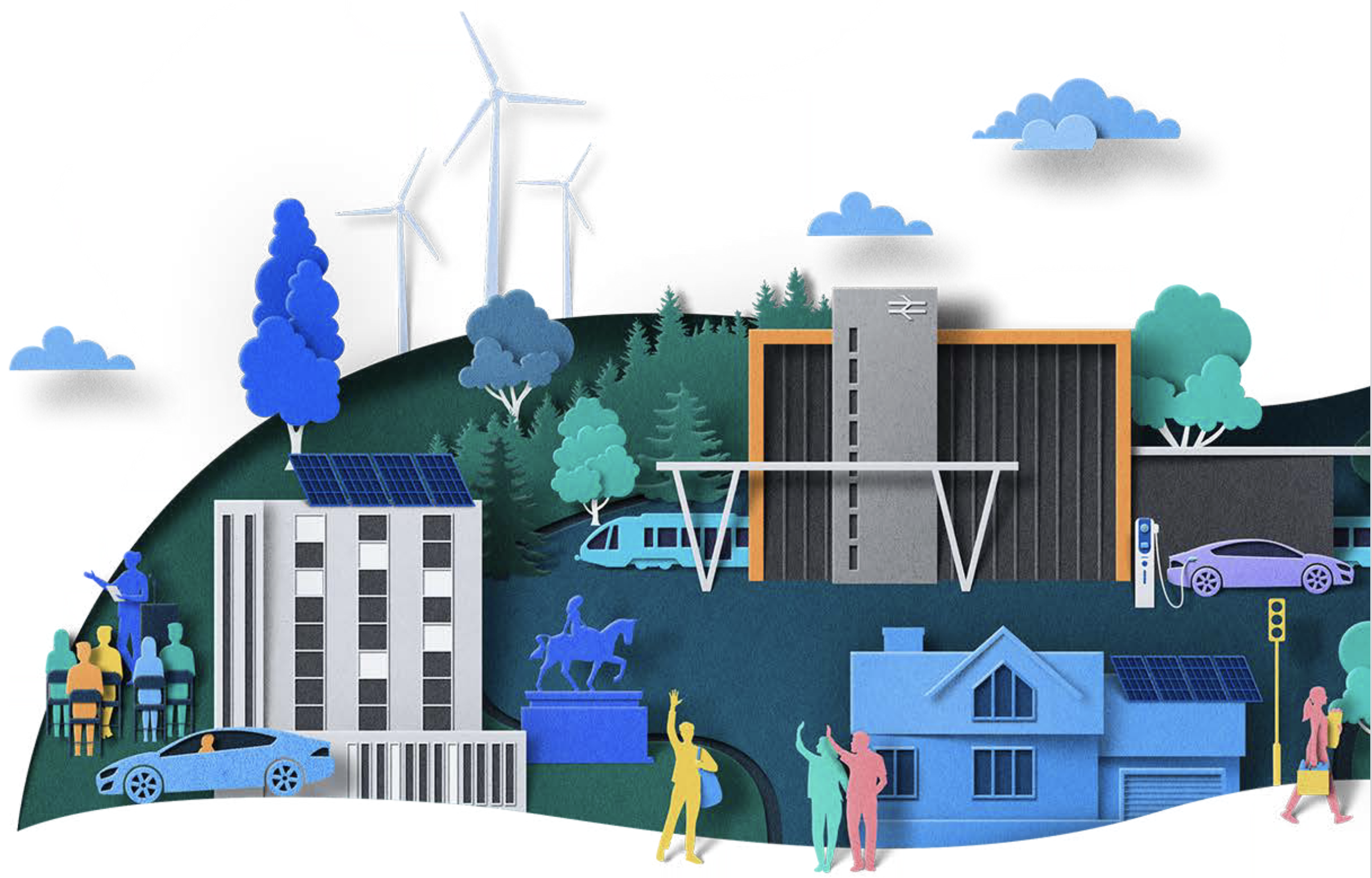 Graphic with buildings, countryside, wind turbines etc